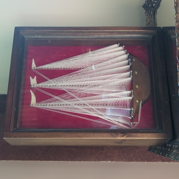 Vintage Handmade String Art Nautical Ship Red Velvet and Wood Shadow Box - Picture 3 of 7